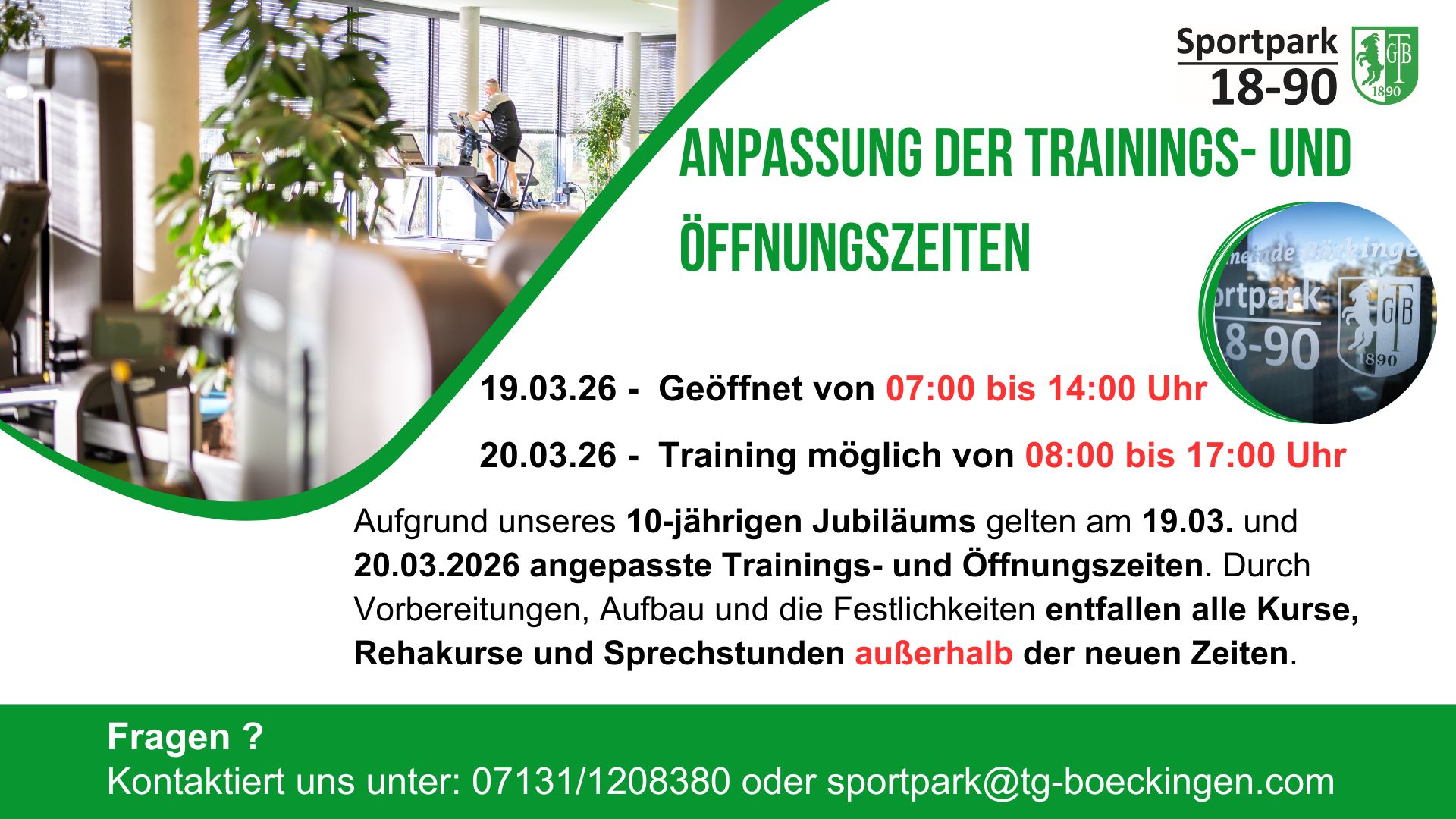 Du betrachtest gerade Angepasste Trainings- und Öffnungszeiten zum Jubiläum